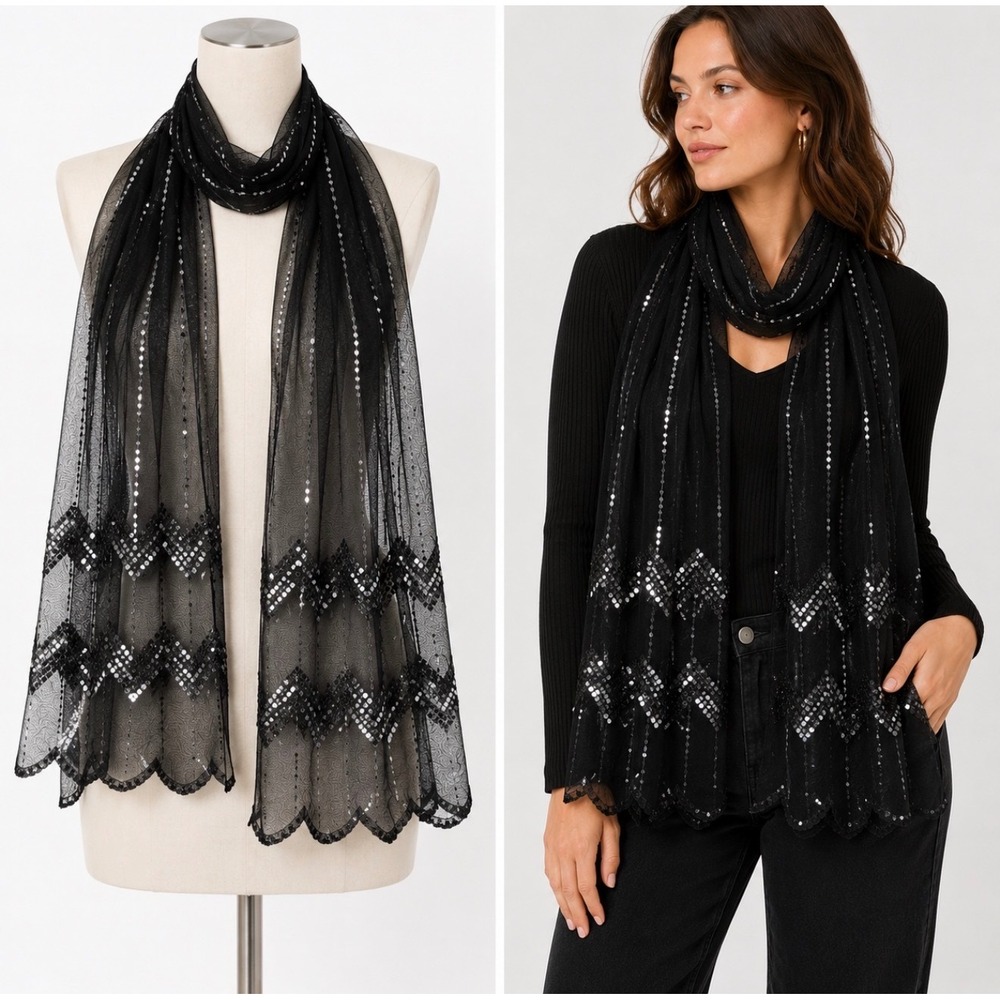 Joan Rivers Scarf Women OSFM Black Sequin Mesh Chevron Scalloped Evening Wrap